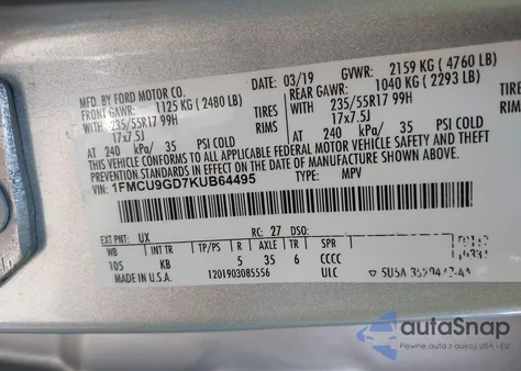 2019 Ford Escape Se z USA, uszkodzony, nr VIN 1FMCU9GD7KUB64495